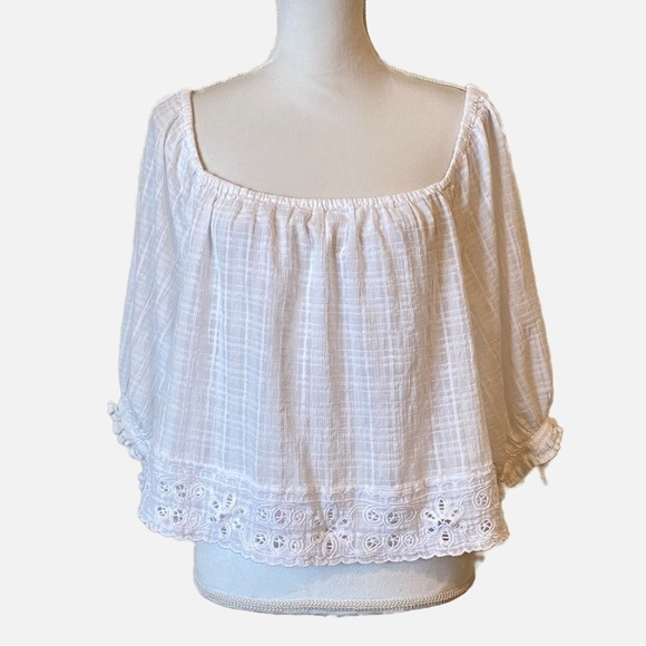 American Eagle Women’s White Short Sleeve Eyelet Crop Peasant Blouse Size Large - Picture 2 of 11